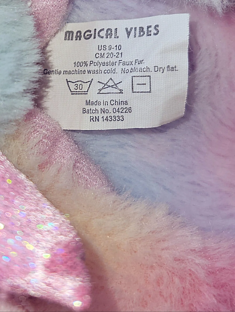 Magical Vibes Fluffy Faux Fur Rainbow Sparkly Unicorn Slippers Back Strap 9/10